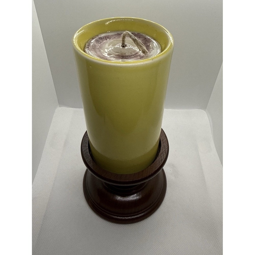 Vtg Lamplight Farms Ceramic Candle Wick Yellow Votive Purple Swirl Wood Pedestal